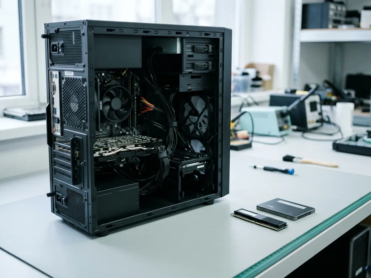 Desktop PC tower opened up on the workbench