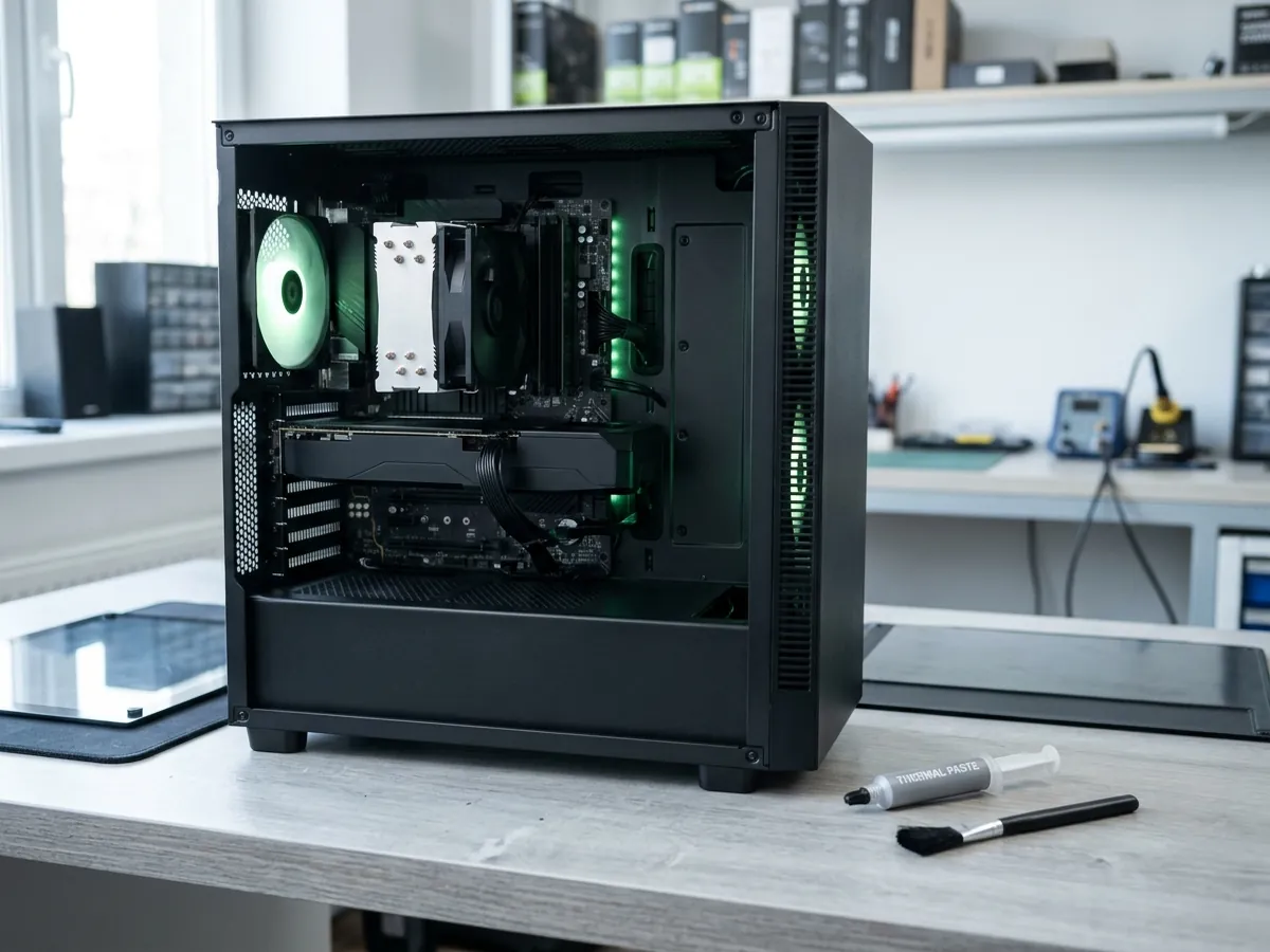 Gaming PC with graphics card and cooler on the workbench