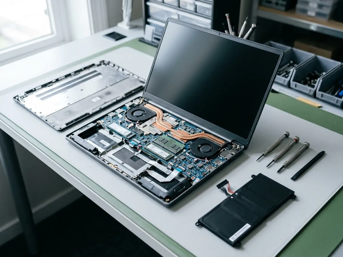 Laptop opened up on the workbench
