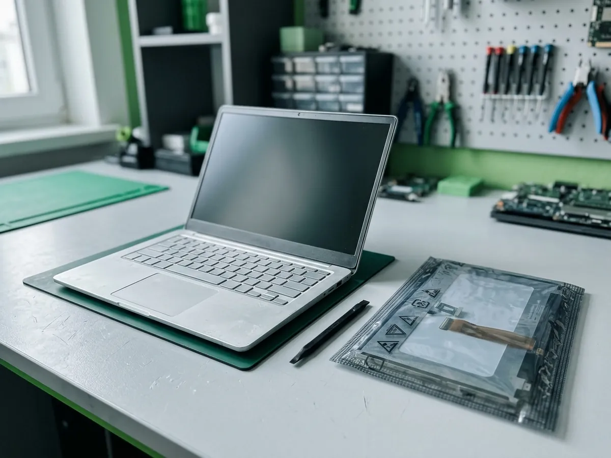 Slim laptop with a replacement screen on the workbench